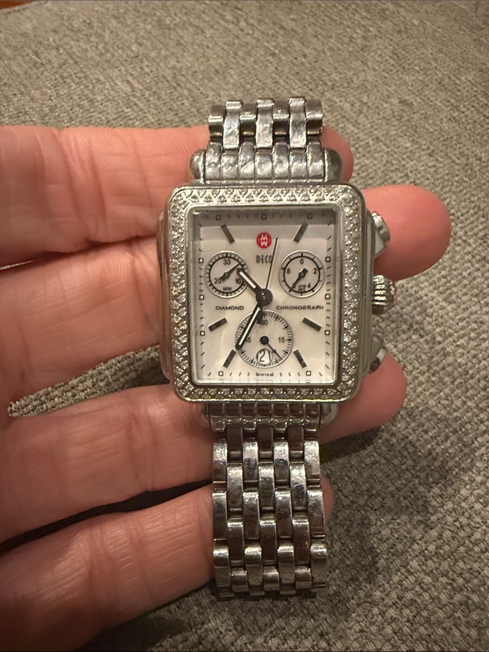 Michele Silver-Tone Diamond Bezel Chronograph Watch